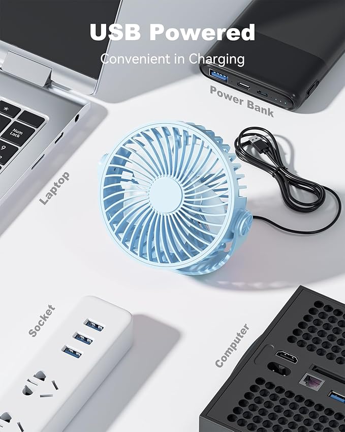 Edvision USB Desk Fan, 5 Inch Mini Portable, 3 Speeds Strong Airflow Personal Desktop, Detachable Cooling Fan 360° Rotation Quiet Small Fan for Desk Home Office Travel Car, Blue, 5ft Cable