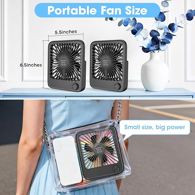 Ouddy Mode 2 Pack Small Desk Fan, Rechargeable Quiet Portable Travel Fan with 100 Wind Speeds Digital Display Black Personal Fans for Office Bedroom Home Outdoor
