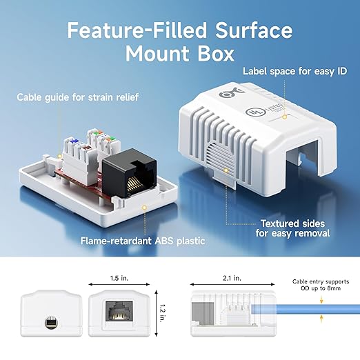 Cable Matters UL Listed Cat6 10-Pack RJ45 Surface Mount Box - 1 Port in White (Cat6 Ethernet Mount Box)