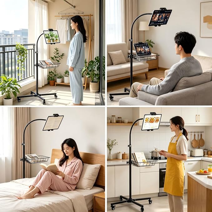 wishacc Rolling Tablet Floor Stand with Industrial Wheels & Storage Basket, Adjustable Height Gooseneck Tablet Stand Floor Holder for iPad Pro 12.9, Air, Mini, Cell Phones (Medium)