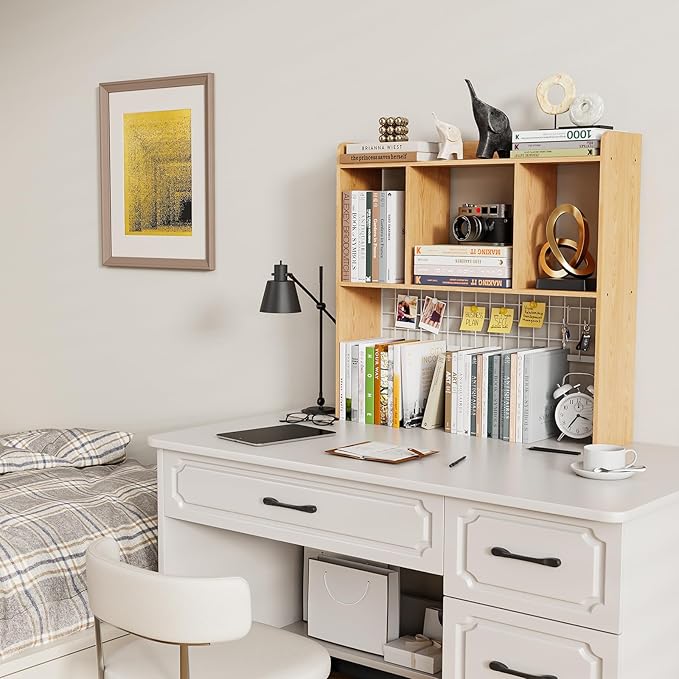Desktop Bookshelf,Countertop Storage Hutch with 3 Shelves for Computer Desk，2-Tier Display Rack with Grid Panel, Multipurpose Wood Desk Hutch Storage Organizer for Home Office Dorm (Natural)