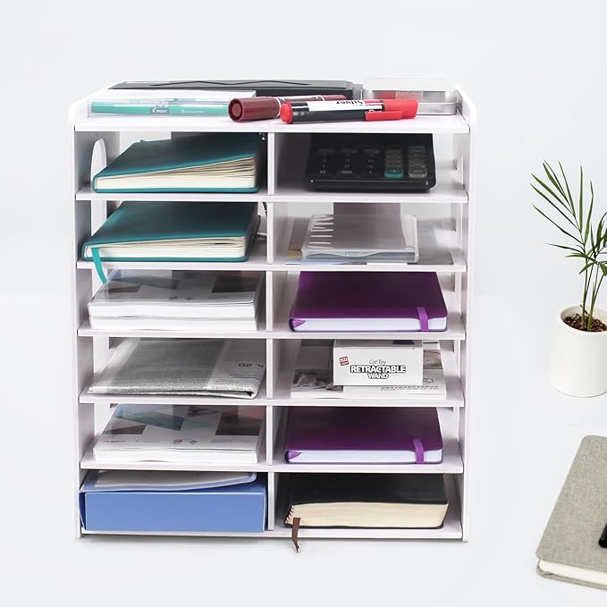 SONGWAY Desktop Mail Sorter Organizer - Small File Organizer for Desk, Desk Bills Storage, 12 Slots Ink Pad and Stamp Pad Storage Rack