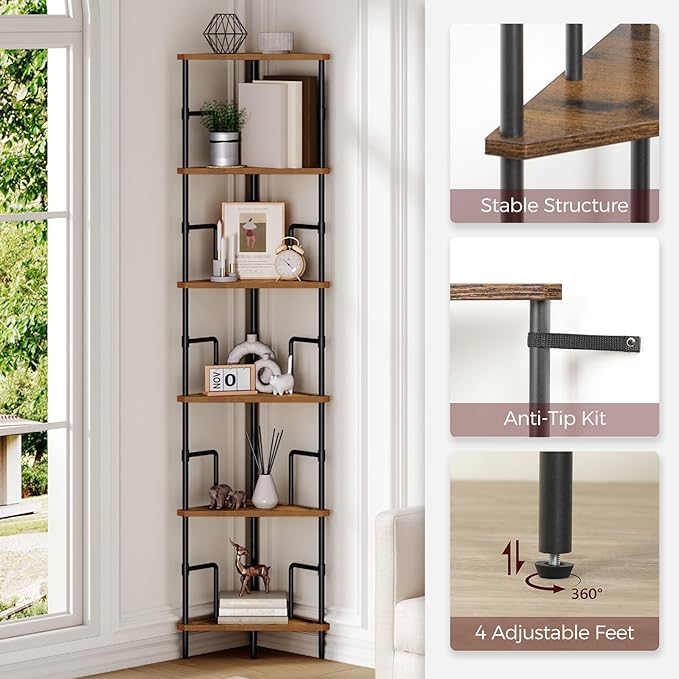 MAHANCRIS 65" Corner Shelf, 6-Tier Industrial Corner Bookshelf with Metal Frame, Small Plant Stand, Display Shelf for Living Room, Bedroom, Home Office, Small Spaces, Rustic Brown CSHR6601