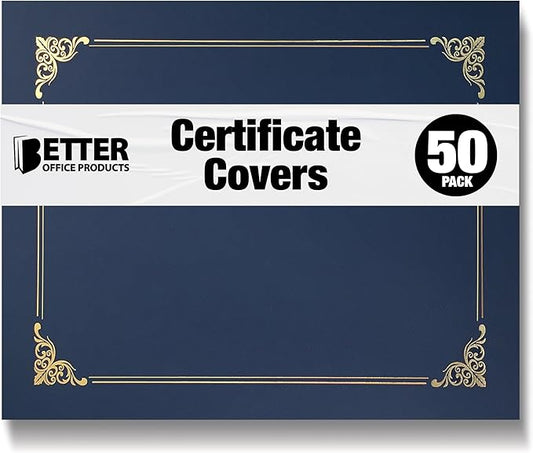 50 Pack Certificate Holders, Diploma Holders, Document Covers with Gold Foil Border, by Better Office Products, for Letter Size Paper, 50 Count (Blue)