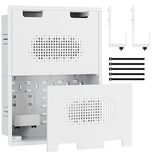 ynVISION.DESIGN 17" Recessed in-Wall Media Box for TV – Flush Wall AV Enclosure with Adjustable Shelf, Cable Straps & Vented Cover – Compatible with Apple TV, Roku & More - Pack of 2