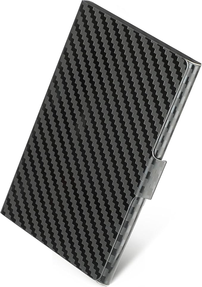MaxGear Metal Business Card Holder for Men & Women, Stainless Steel Business Card Case Holds 10–20 Cards, Slim Pocket Name Cards Holder with Interior Lining & Buckle Closure, Black Carbon Texture