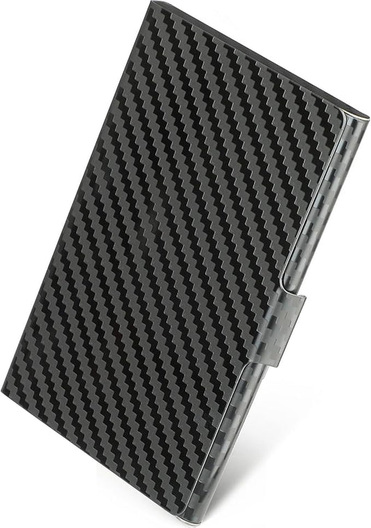 MaxGear Metal Business Card Holder for Men & Women, Stainless Steel Business Card Case Holds 10–20 Cards, Slim Pocket Name Cards Holder with Interior Lining & Buckle Closure, Black Carbon Texture