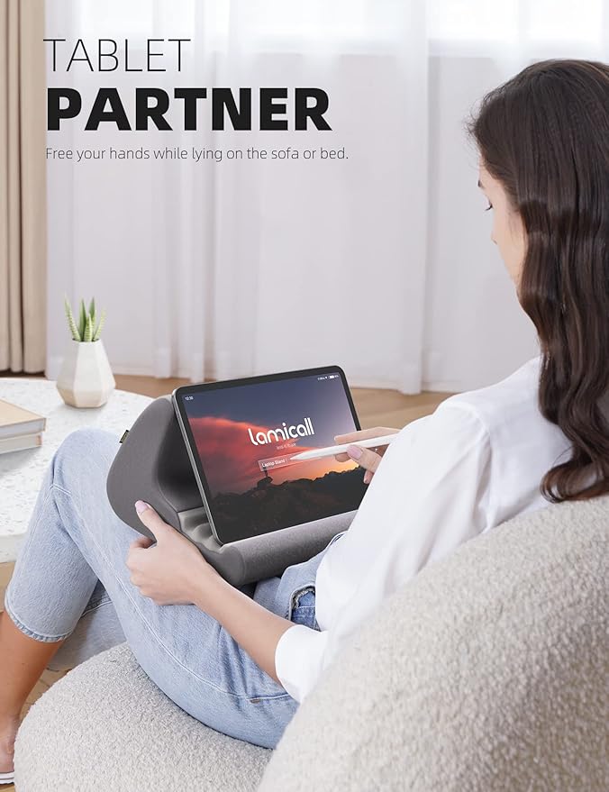 Lamicall Tablet Stand Pillow Holder - Tablet Pillow Soft Pad for Bed, Lap Phone Stand with Stylus Mount & Pocket, for iPad Pro 12.9, Air, Mini, Kindle, Galaxy Tab and 4-13" Devices, Grey, Mother's Day