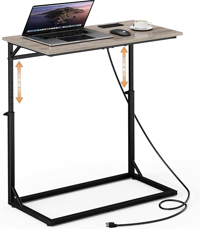 Vagusicc C Shaped End Table with Charging Station, C-Table End Table Adjustable Height Side Table for Couch, Large Couch Table, Slide Under Couch Table TV Tray Table for Sofa,Living Room,Bedroom, Grey