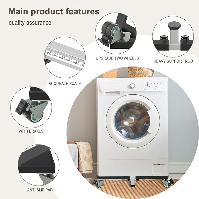 I'Ezonk Heavy Duty All Stainless Steel Mobile Mini Fridge Stand, Refrigerator Stand and Washing Machine Stand with Wheels, Adjustable Furniture Dolly for Washer, Refrigerator and Dryer(Black)