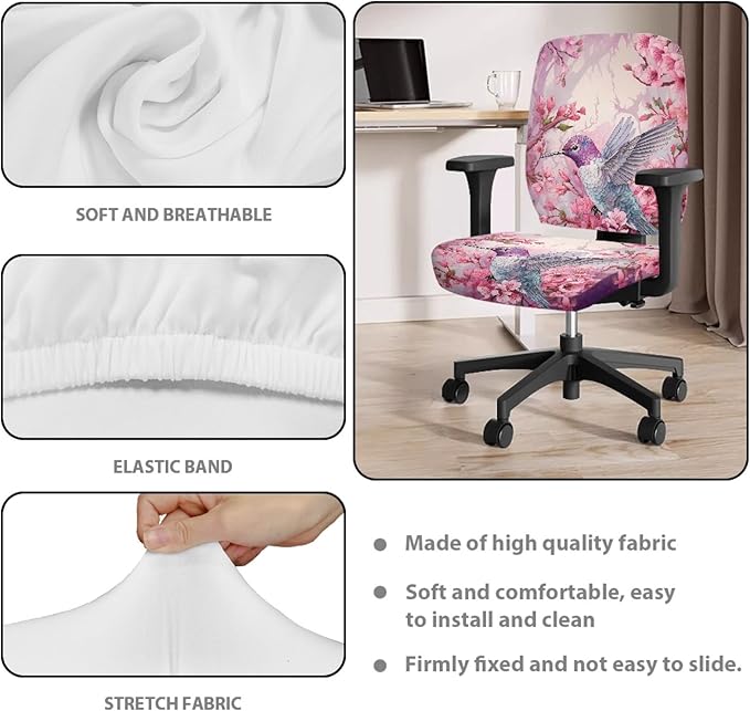 GLENLCWE Pink Hummingbird Flower Office Chair Cover,Modern 2Pack Desk Chair Covers Washable&Stretch Computer Chair Slipcovers for Home Office