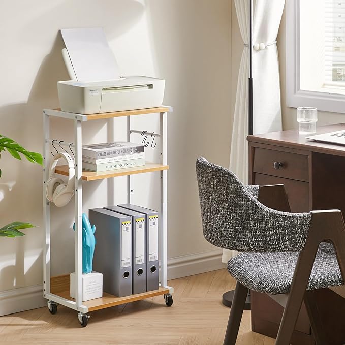 YMYNY Mobile Printer Stand, 3-Tier Printer Cart with Adjustable Storage Shelf and 6 S-Hooks, Tall Printer Table for Home Office, for Computer Tower Stand, Shredder, CPU Stand, Natural, UHPT002N