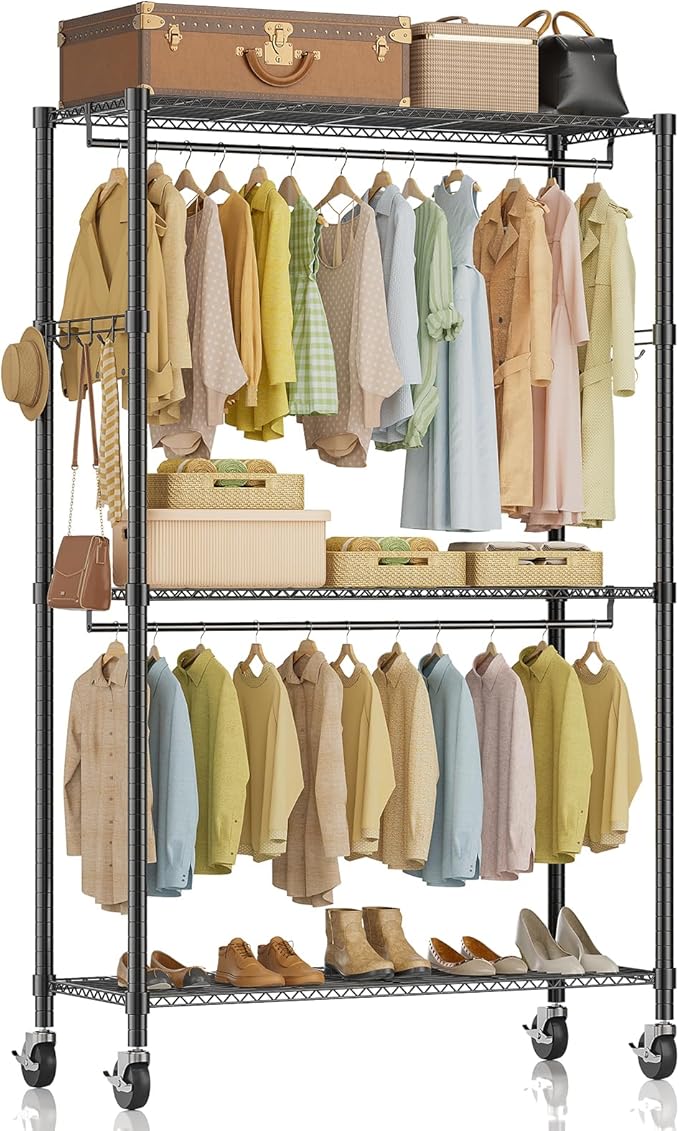 Simple Deluxe Rolling Clothes Rack, Heavy Duty Clothing Rack, 3-Shelf Portable Adjustable Wardrobe Closet with Wheels, Hanging Rods & Side Hooks, 43.3" W x 17.7" D x 80.3" H, Black