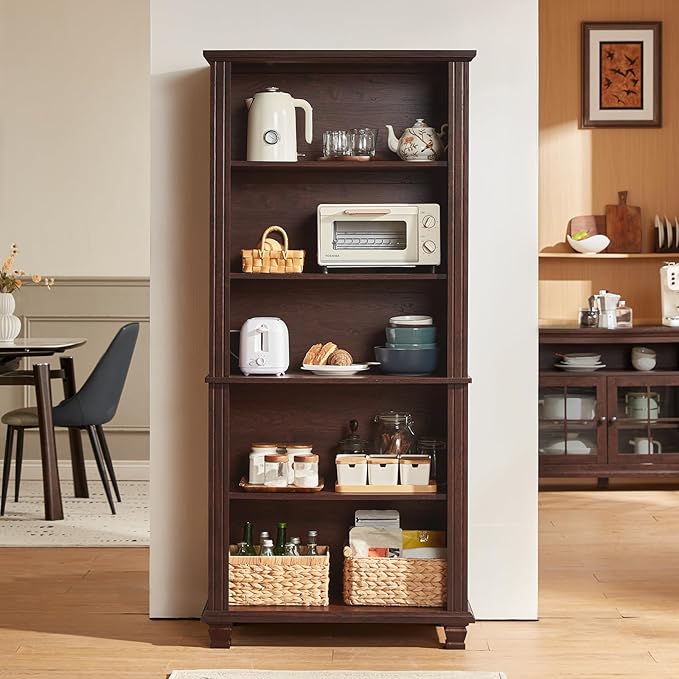 SAVOR LIFE 70" Tall Walnut Bookshelf,5 Tier Wooden Book Shelf with Adjustable Shelves & Wood Legs,Free Standing Farmhouse Bookcase with Open Display Storage,Vintage Bookshelves for Classroom, 3PCS