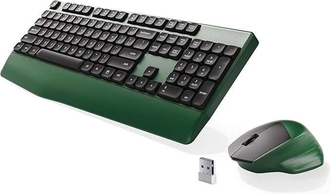 MPTOG Ergonomic Keyboard and Mouse Combo with Wrist Rest, BK Chipset, Full-Size Colorful Office Keyboard and Mouse, Power Button, USB Receiver for PC Laptop(Dark-Green Black)