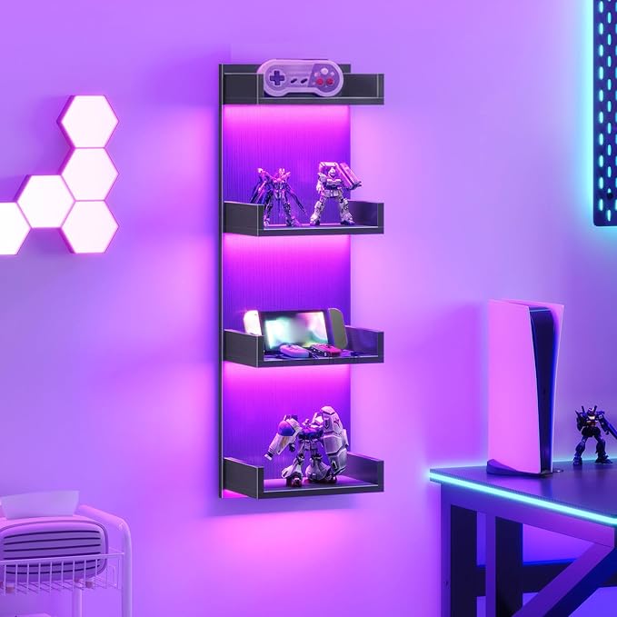 HOOBRO Floating Wall Shelves with LED Lights, Floating Shelf Wall Mounted for Storage, Vertical Display Stand, Modern Column Rack, for Bedroom, Livingroom, 4-Tier, 35.8 Inches, Black, BK41DBJ01
