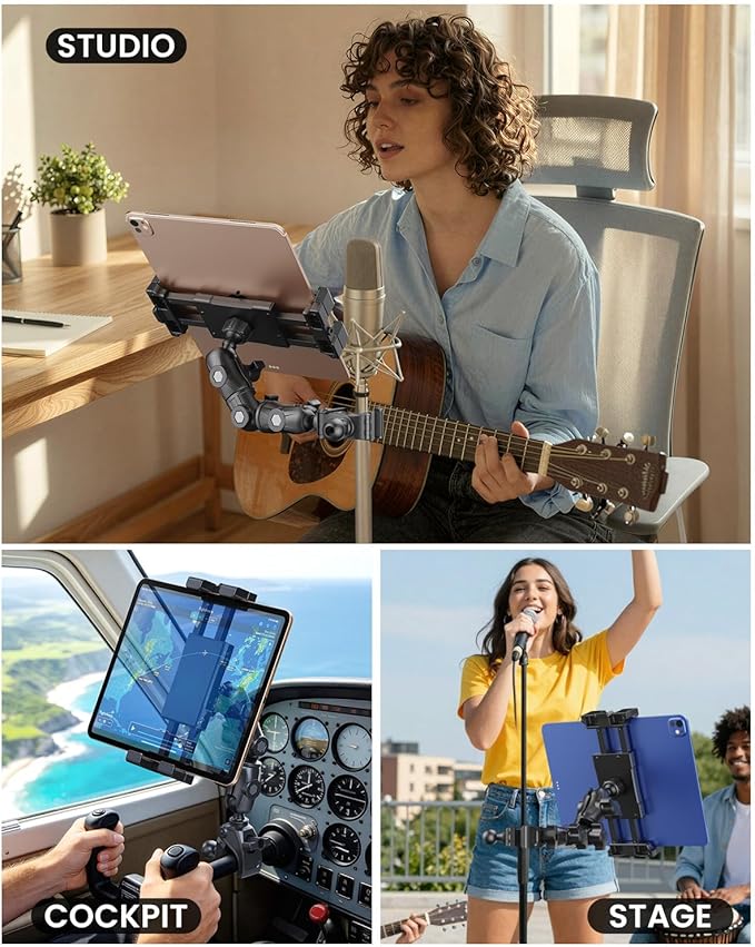 OHLPRO Mic Stand Tablet Holder, 360° Adjustable iPad & Phone Mount with Clamp, Fits 5–17" Devices, Sheet Music Stand Holder for iPad Pro 12.9 Air Mini, Black