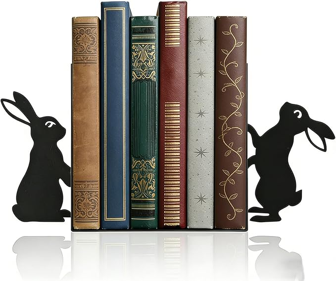 Bunny Metal Bookends for Shelves, Cute Black Rabbit Decorative Book Ends, Heavy Duty Rustproof Book Stoppers for Home Office & Study Desk, Ideal Gift for Rabbit Lovers & Book Lovers