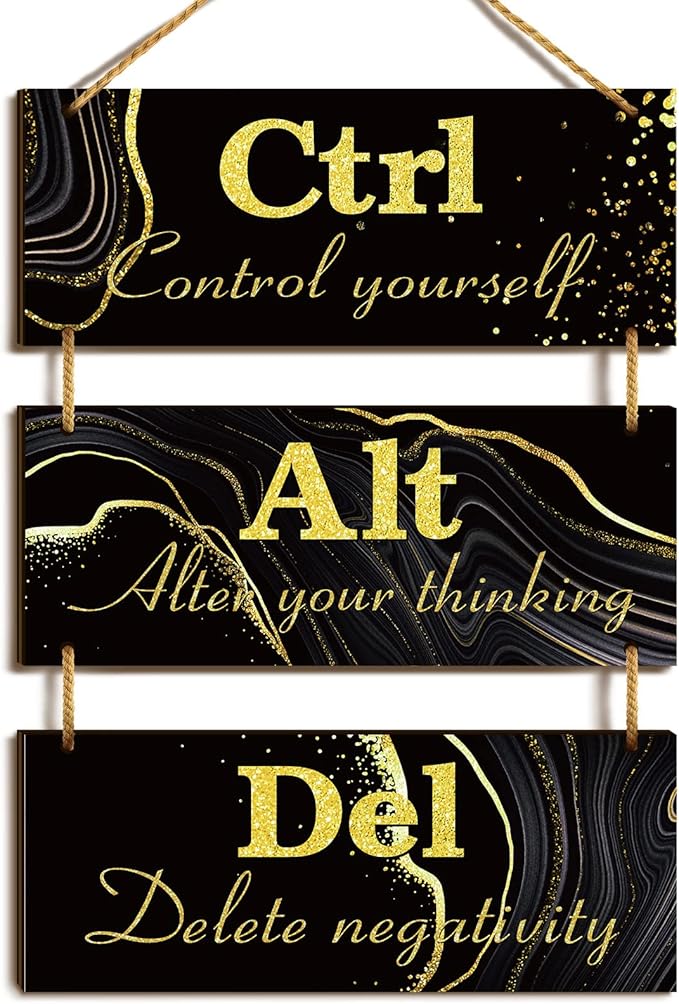 Qunclay Black and Gold Office Wall Decor Ctrl Alt Del Inspirational Rustic Wall Hanging Wooden Signs Motivational Art with Sayings Motivational Plaques for Home Living Room Decoration, 10 x 4 Inch