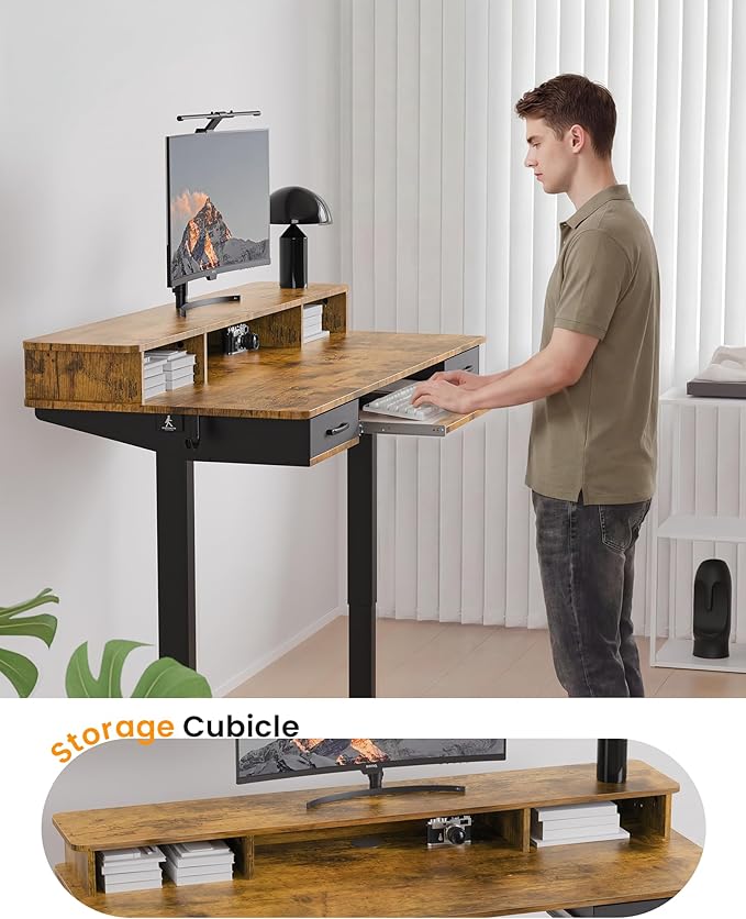 Electric Standing Desk with Keyboard Tray, 63x24 Inches Height Adjustable Stand up Desk with 2 Drawers, Ergonomic Sit to Stand Table with Storage Monitor Stand, Rustic Brown