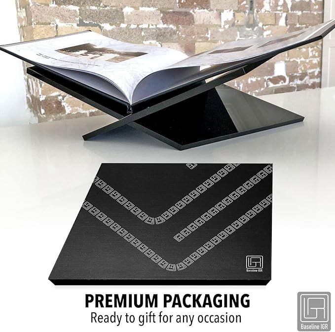 Large Black Acrylic Book Stand, 12.5" x 9.5" x 5.5”, Acrylic Book Holder, Open Bookstand for Display and Reading Cookbooks, Art Books, Bibles, Magazines - Home and Office