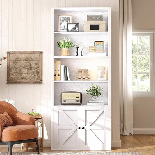 71.5" Tall Farmhouse Bookshelf, 6-Tier Bookcase with Cabinet Doors, Tall Display Shelves with Storage for Home Office, Living Room