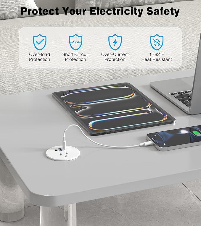 Desk Grommet Power Outlet, 2.5 inch Desktop Recessed Outlet with 20W Fast Charging USB-C Port, Flush Mount Outlet for Conference Rooms, Office Tables, Furniture (White, 10FT)