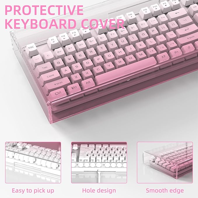 Attack Shark KC04 Acrylic Clear Transparent Keyboard Cover(17.4 * 6.5 * 1.89 inch) with Dustproof Waterproof Anti-hit Anti-cat Protective Case for Standard 104 Key Mechanical Gaming Keyboard Pink