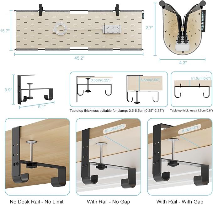 2-in-1 Under Desk Cable Management Tray & Privacy Panel, Dual-Sided Felt Cord Organizer to Hide Wires and Clutter, Desk Mount Cord Holder for Office and Home, Clamp or Screw Mount (Gray/Khaki, 45.2")