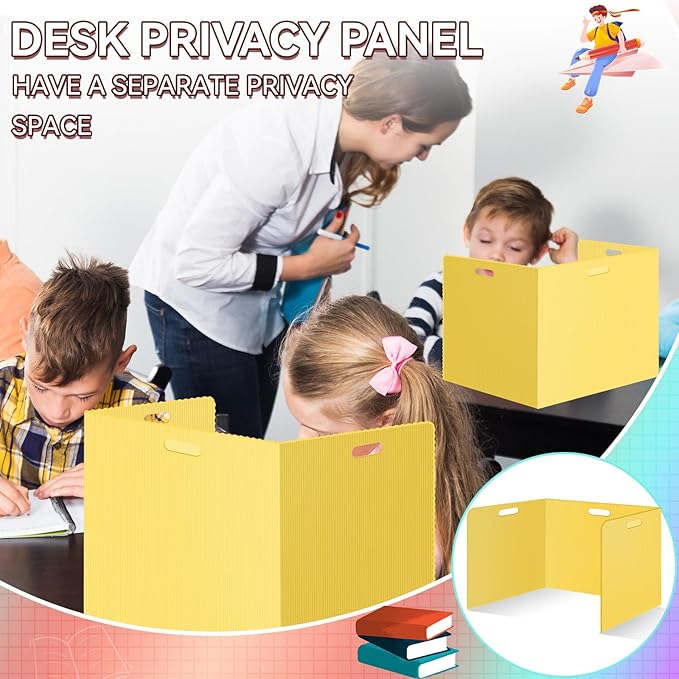 12 Pcs Desk Dividers for Students Classroom Plastic Privacy Folders Yellow Test Dividers for Students Desks Trifold Privacy Panel Partitions for School Teacher Supplies (Yellow)