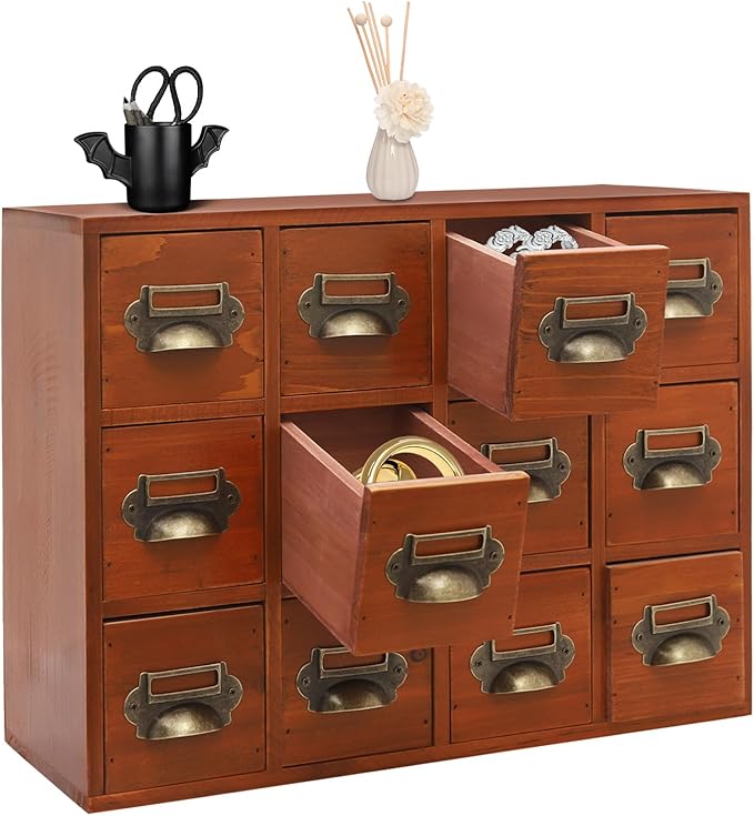 12 Drawer Drawers Storage Cabinet, Wooden Medicine Cabinet Desktop Drawer Organizer Herb Storage Box with Solid Wood Build & No Assembly for organize spices medicines jewelry cosmetics(Brown)