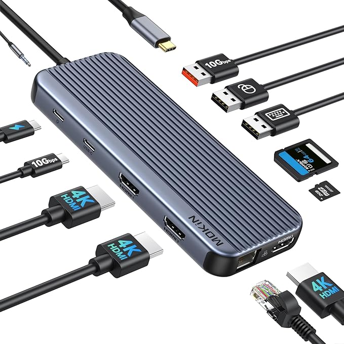 USB C Docking Station 3 HDMI, 12 in 1 Docking Station Triple Display, Dual Monitor Dock, Laptop USB-C Hub 3 HDMI with 10 Gbps, Ethernet, USB A/C 3.1, USB 2.0, 100W PD, Audio & Mic, SD