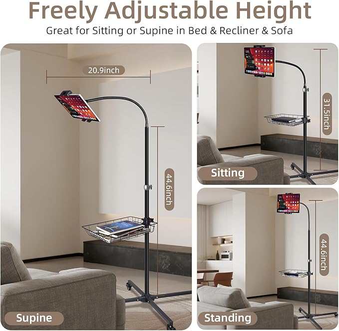 Premium Rolling Tablet Floor Stand with Heavy Duty Industrial Wheels & Storage Basket, Tall Adjustable iPad Stand Floor on Wheels, Universal Mount Holder for iPad Pro, Air, Mini, Phone