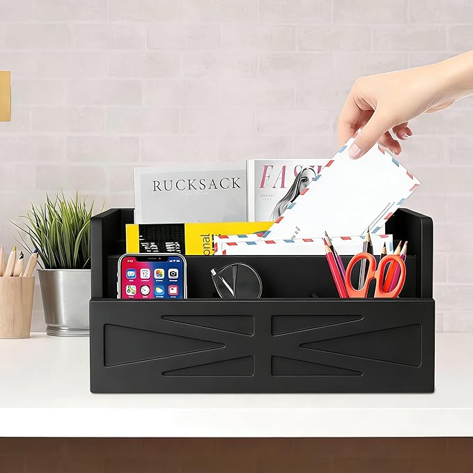 Mail Organizer Countertop, Wood Mail Holder Sorter for Desk, Rustic Bill Storage Organizer Box, Office Letter Basket for Document File Folder Paper Envelope