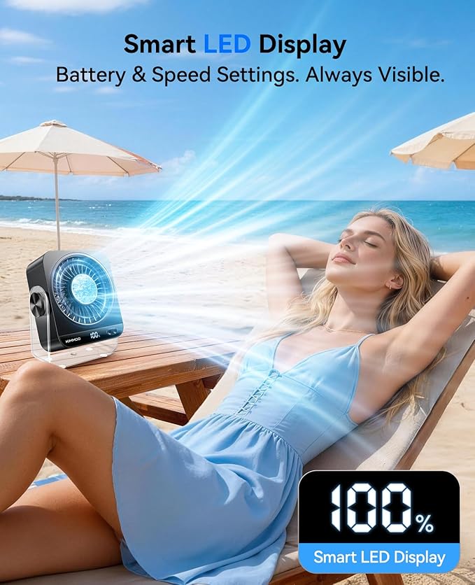 KIMMOO USB Desk Fan for Bedroom, 199 Speeds Turbo Airflow, Portable Fan with Ice Cooling, Digital Display Quiet Table Fan, 270° Rotating Small Rechargeable Battery Desktop Fans for Home Office (Black)