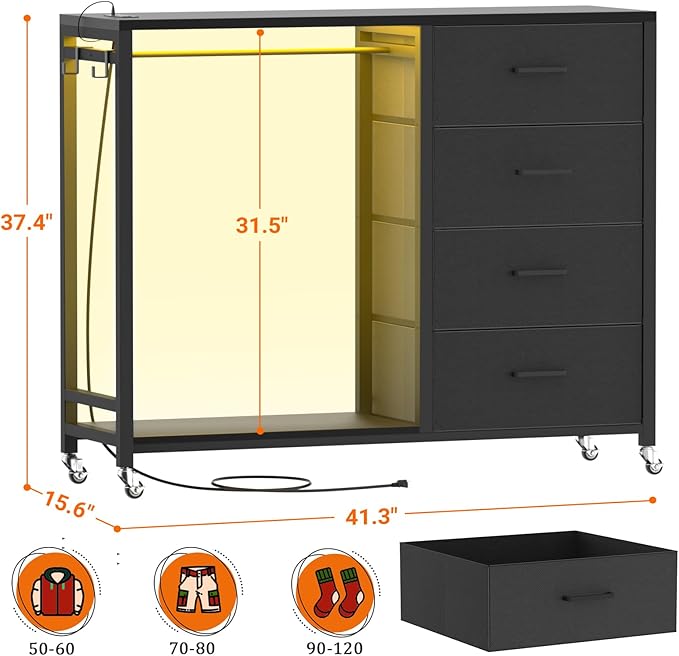 Cyclysio Dresser with Hanging Rack, 4 Fabric Drawers Dresser with Clothes Rack, Wooden Top Storage Chest of Drawers with Charging Station & LED Lights, Lockable Wheels, Closet
