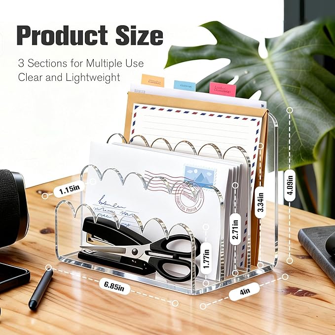 Acrylic Scalloped Mail Organizer, 3 Compartments Desktop Letter Holder, Vertical File Sorter, Desk Organizer for Letters, Envelopes, Bills and Stationery