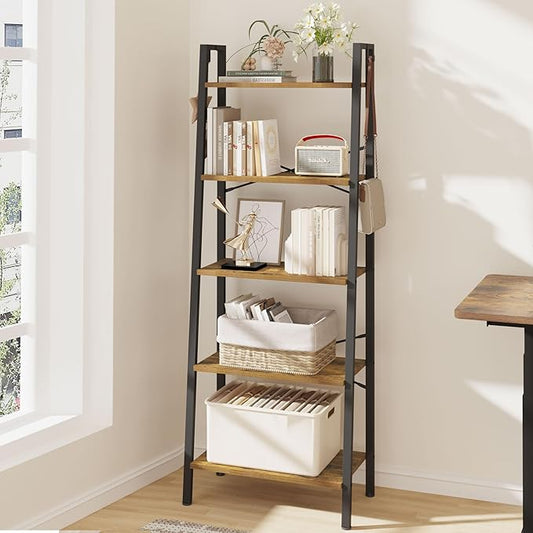 Hzuaneri Ladder Shelf, Bookshelf Bookcase, Freestanding Corner Storage Shelve with 2 Hooks for Home Office, Living Room, Kitchen, Bedroom, Industrial, 11.8" D x 23.6" W x 63" H, Rustic Brown BC19301B