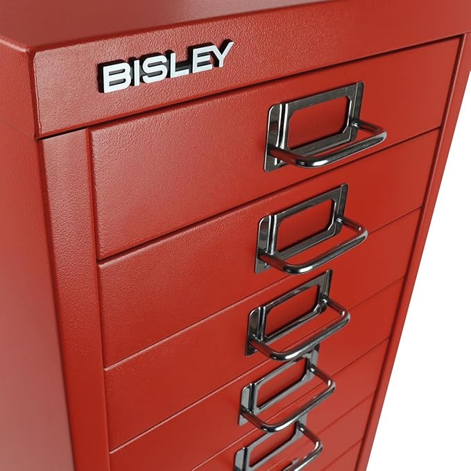 Bisley 10-Drawer Steel MultiDrawer Cabinet - Cardinal Red, Chrome Pull Handles with Label Holders, Powder-Coated Steel, Removable Drawers, Fits Under Most Desks, Labels Included