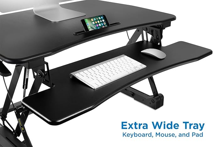 Mount-It! 35.5" Standing Desk Converter with Keyboard Tray – Adjustable Sit Stand Desk Riser for Dual Monitors – Dual Gas Spring Height Adjustable Desktop Workstation Topper – Black