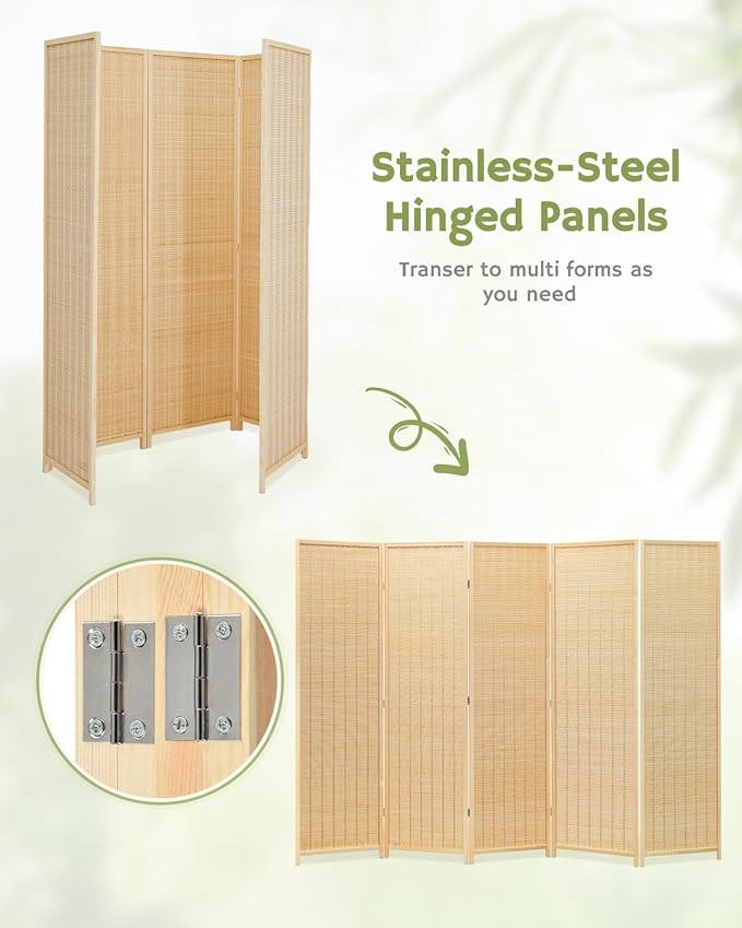 JOSTYLE Room Divider Folding Privacy Screen, 5 Panel Room Dividers 6 ft. Tall Bamboo Partition Wall Separation Dividers Freestanding, 70.9" H x 99" W
