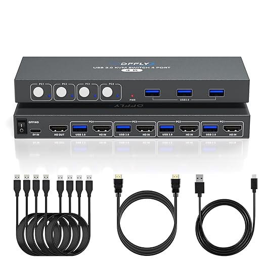 USB3.0 Switch HDMI Kvm Switch 4 Computers 1 Monitors with 3 USB Ports, 4K@60Hz for 4 Computers Sharing Monitor Keyboard Mouse, Supports Button Control, EDID Compatible