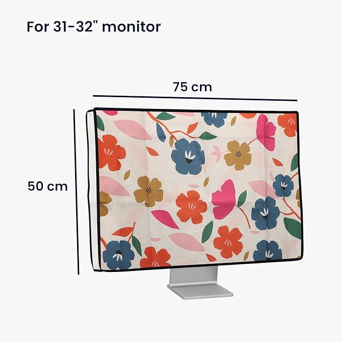 kwmobile Dust Cover for 31-32" monitor - Linen Monitor Protector with Design - Colorful Flowers Dark Pink/Dark Blue/Cream