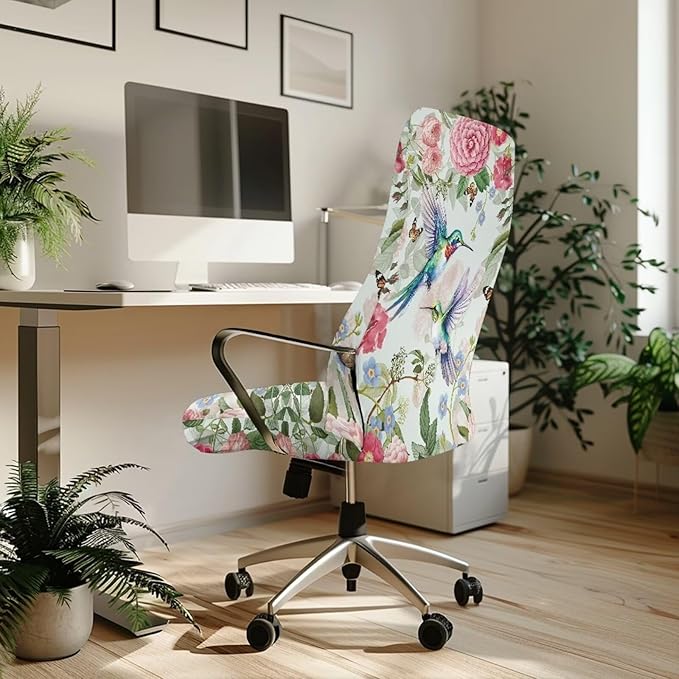 Talayituse Hummingbird Butterfly Flower Print Office Chair Covers, Stretch Computer Chair Cover, Universal Boss Chair Covers Modern Simplism Style High Back Chair Slipcover, L