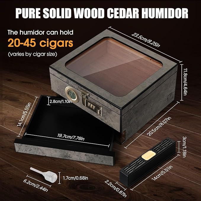 Tesonway Cigar Humidor,Cedar Wood Humidor Cigar Box,Glass Top Desktop Humidor with Digital Thermo-Hygrometer, Humidifier, Divider, Accessories Drawer and Combination Lock,Cigar Gift for Men