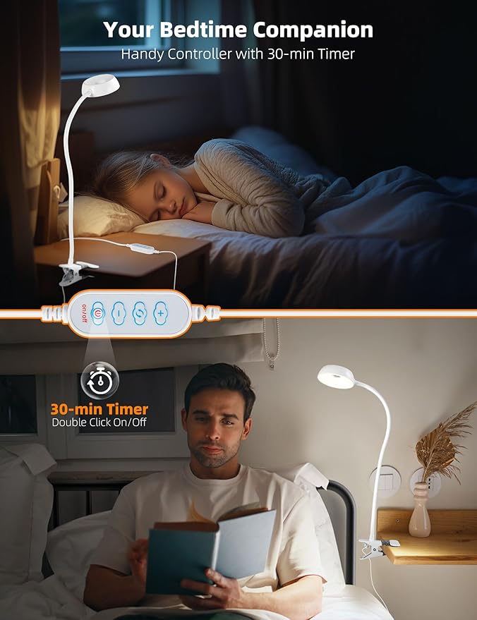 LiFMIRA Clip on Light, LED Reading Light for Beds Headboards, Flexible Clip on Lamp with Clamp,3 Color Modes & 10 Brightness Eye-Friendly Book Light Reading Light for Books in Bed Bedside Desks White