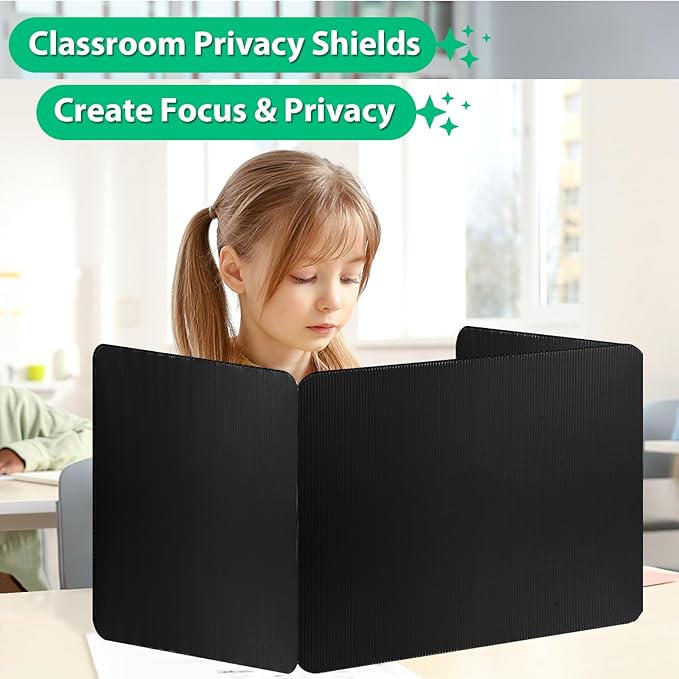 12 Pack Black Desk Dividers with Labels for Students, ROOKEA Waterproof Plastic Study Carrel Dividers, Privacy Classroom Shield Folder Boards Desk for Classroom Teacher Supplies Test Divider