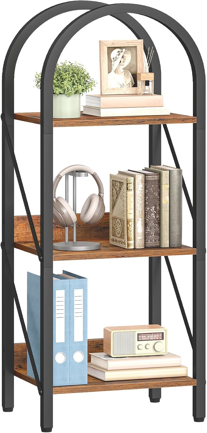 HOOBRO Bookshelf, 3-Tier Arched Bookshelf, Industrial Bookcase with Metal Frame, Book Shelf Storage Organizer for Living Room, Office, Bedroom, Rustic Brow and Black BF423SJ01