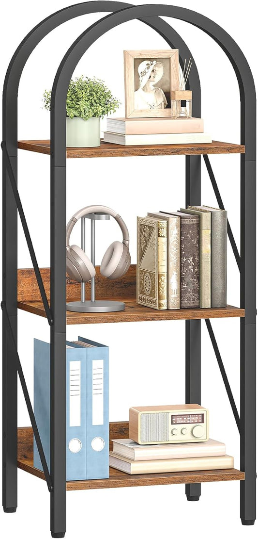HOOBRO Bookshelf, 3-Tier Arched Bookshelf, Industrial Bookcase with Metal Frame, Book Shelf Storage Organizer for Living Room, Office, Bedroom, Rustic Brow and Black BF423SJ01