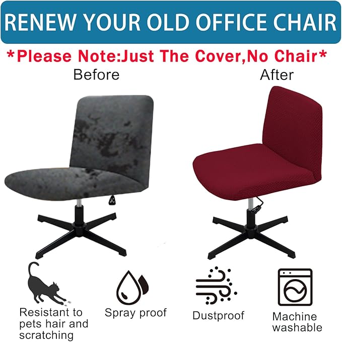 Vanity Chair Cover Criss Cross Chair Cover Elastic Armless Chair Slipcover Armless Chair Covers Office Chair Covers (Wine Red,Just The Cover,No Chair)